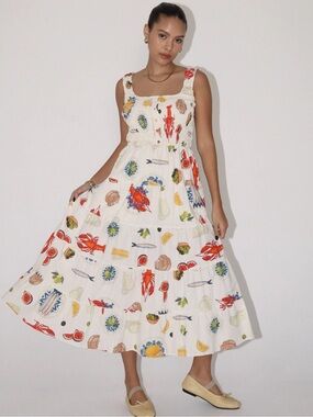 Cream Sleeveless Smocked Maxi Dress with Colorful Sea Life Motif